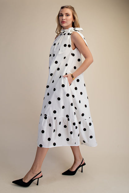 Polka Dot Midi Dress with Ruffle Tie Neck