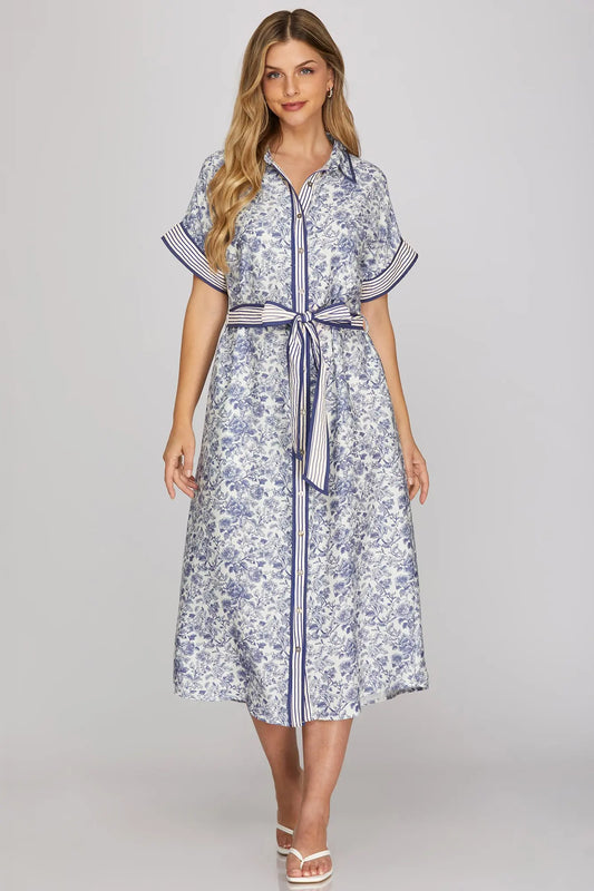 Drop Shoulder Short Sleeve Woven Print Tiered Maxi Dress