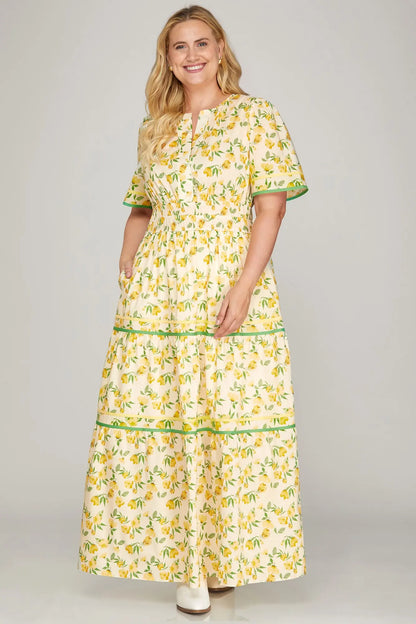 Short Sleeve Woven Print Tiered Maxi Dress