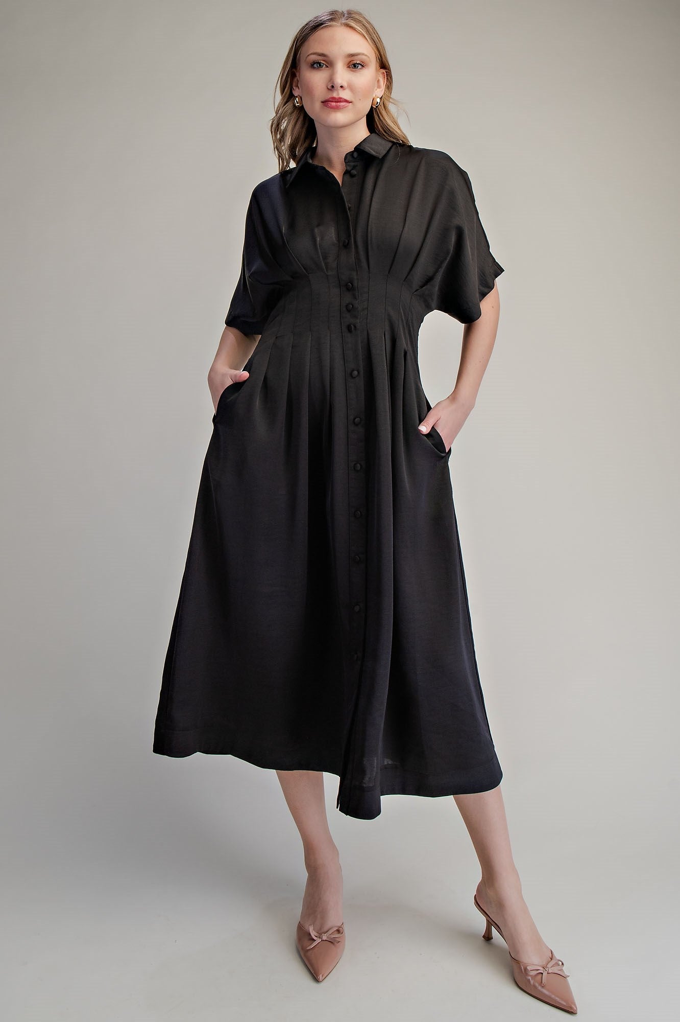 Collar Neck Pleated Waist Midi Dress