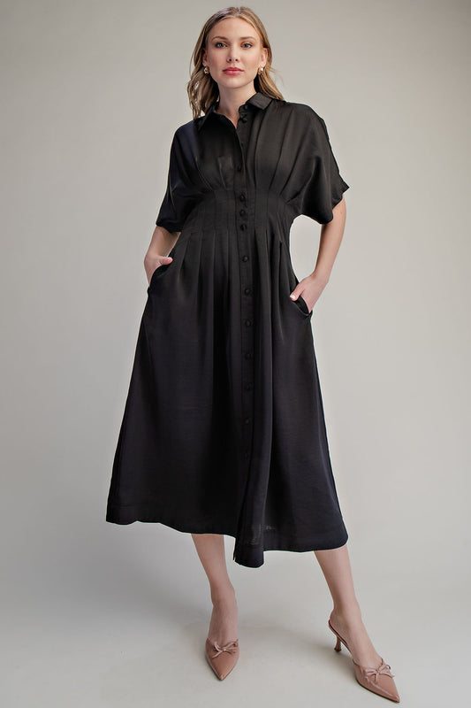 Collar Neck Pleated Waist Midi Dress