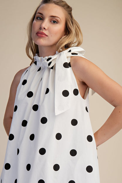 Polka Dot Midi Dress with Ruffle Tie Neck