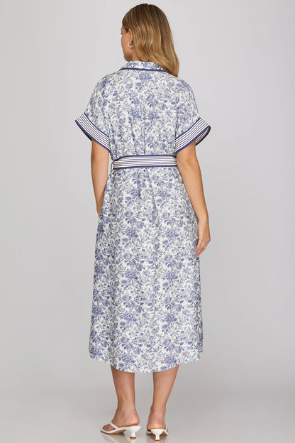 Drop Shoulder Short Sleeve Woven Print Tiered Maxi Dress