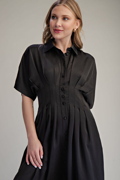 Collar Neck Pleated Waist Midi Dress
