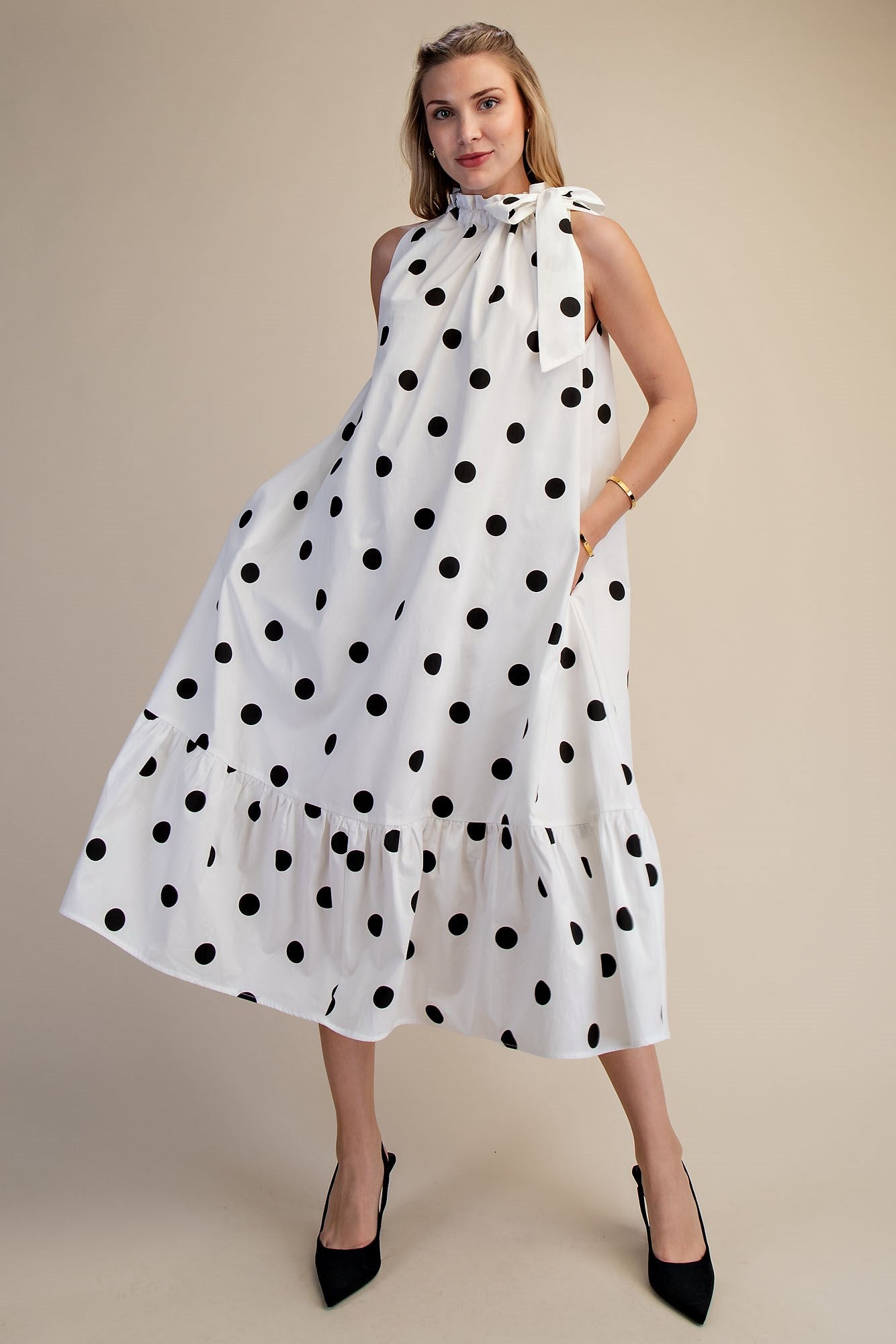 Polka Dot Midi Dress with Ruffle Tie Neck