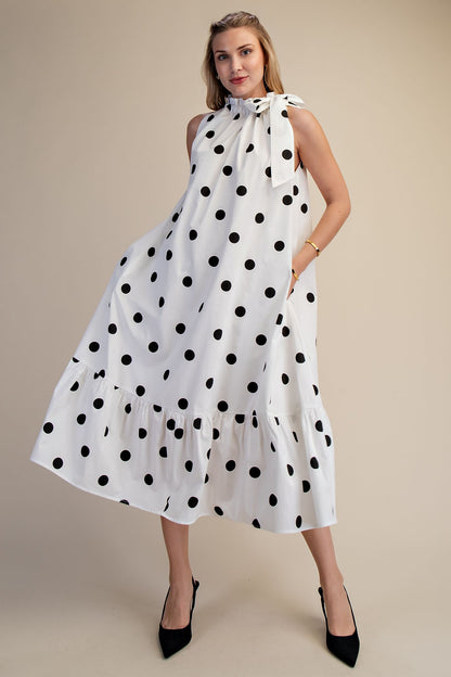 Polka Dot Midi Dress with Ruffle Tie Neck
