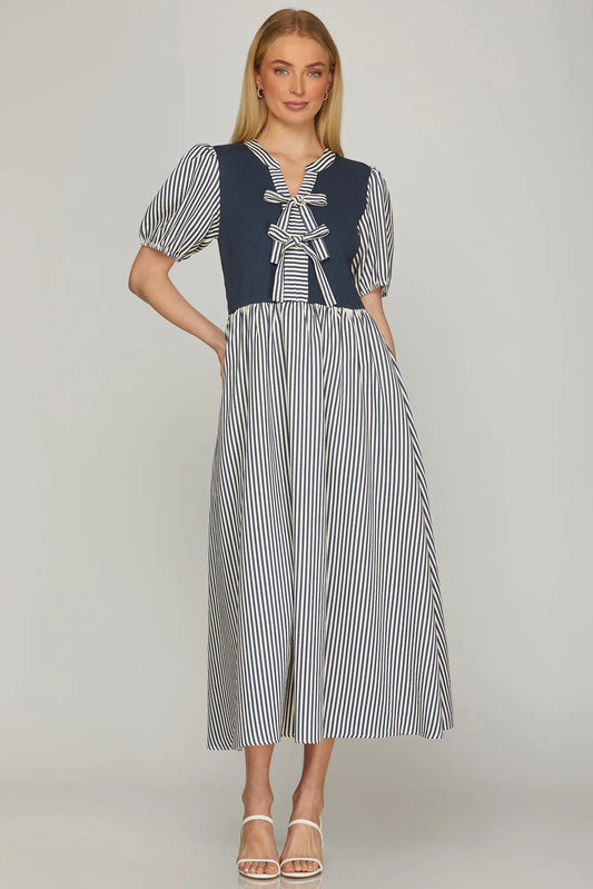 Short Sleeve Solid Knit Top and Striped Combo Midi Dress with Tie Detail and Pockets