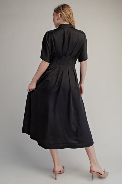 Collar Neck Pleated Waist Midi Dress