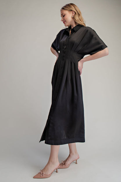 Collar Neck Pleated Waist Midi Dress