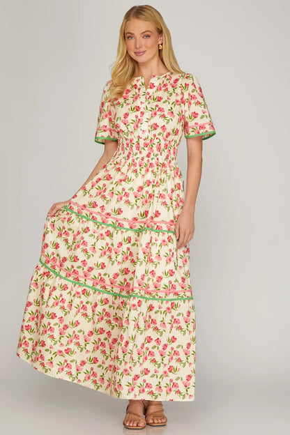 Short Sleeve Woven Print Tiered Maxi Dress