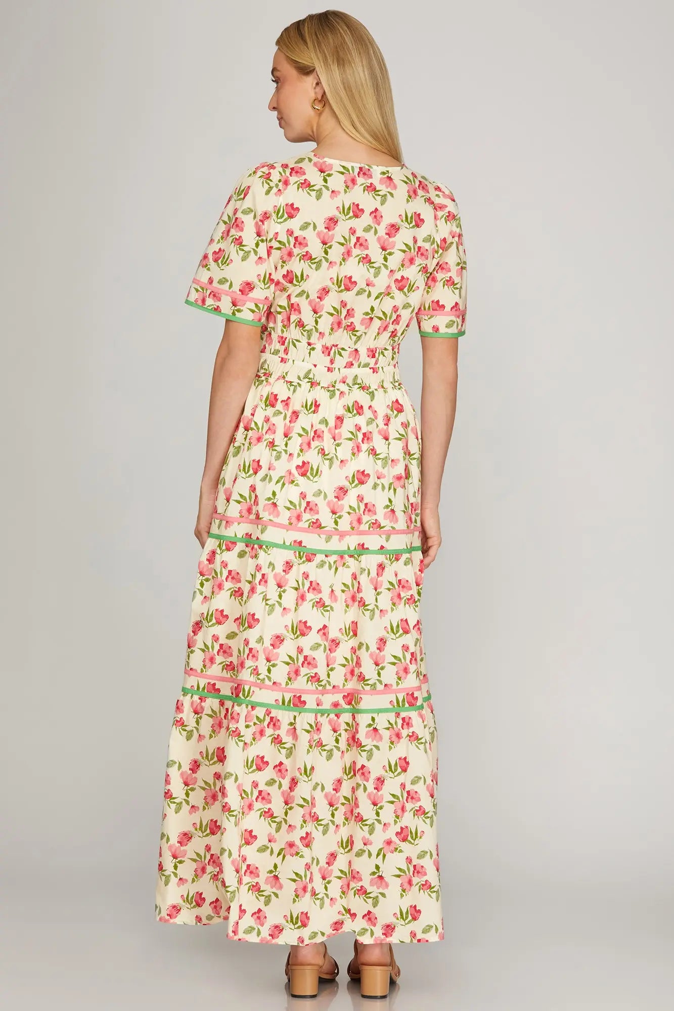 Short Sleeve Woven Print Tiered Maxi Dress