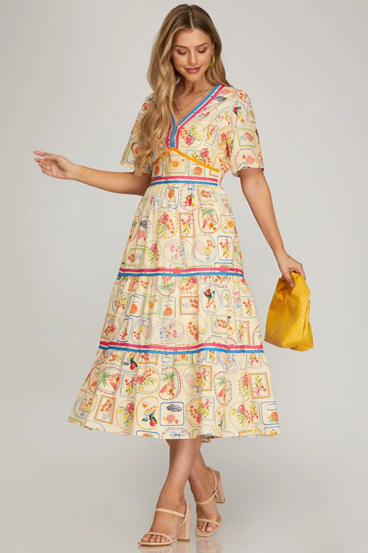 Sweet Summertime Short Sleeve Woven Print Tiered Midi Dress