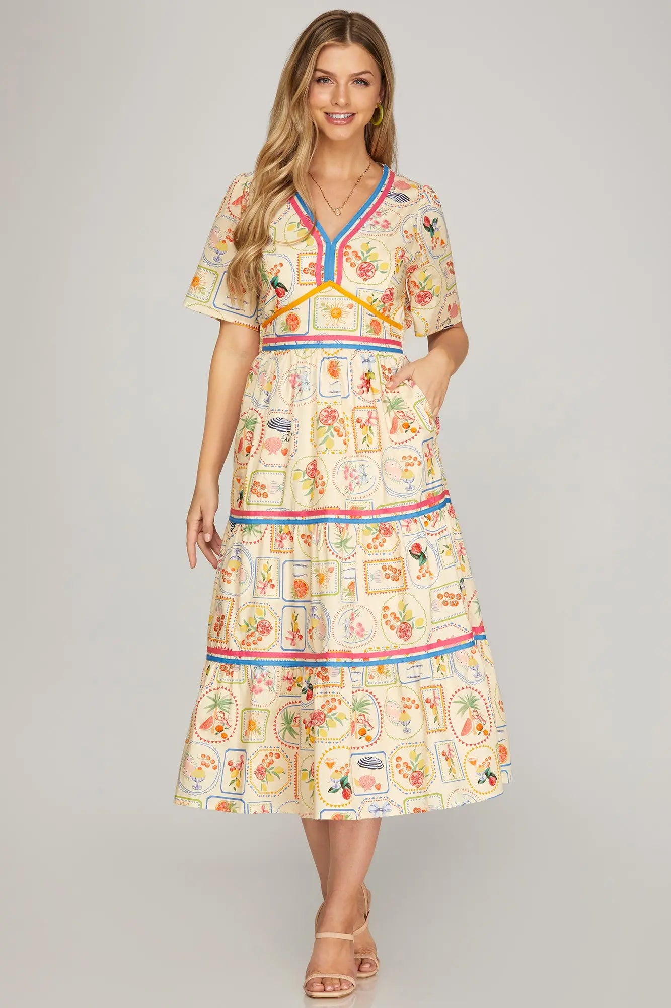 Sweet Summertime Short Sleeve Woven Print Tiered Midi Dress