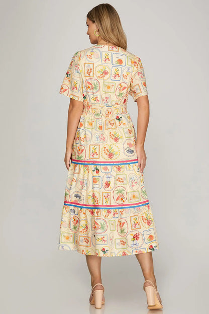 Sweet Summertime Short Sleeve Woven Print Tiered Midi Dress