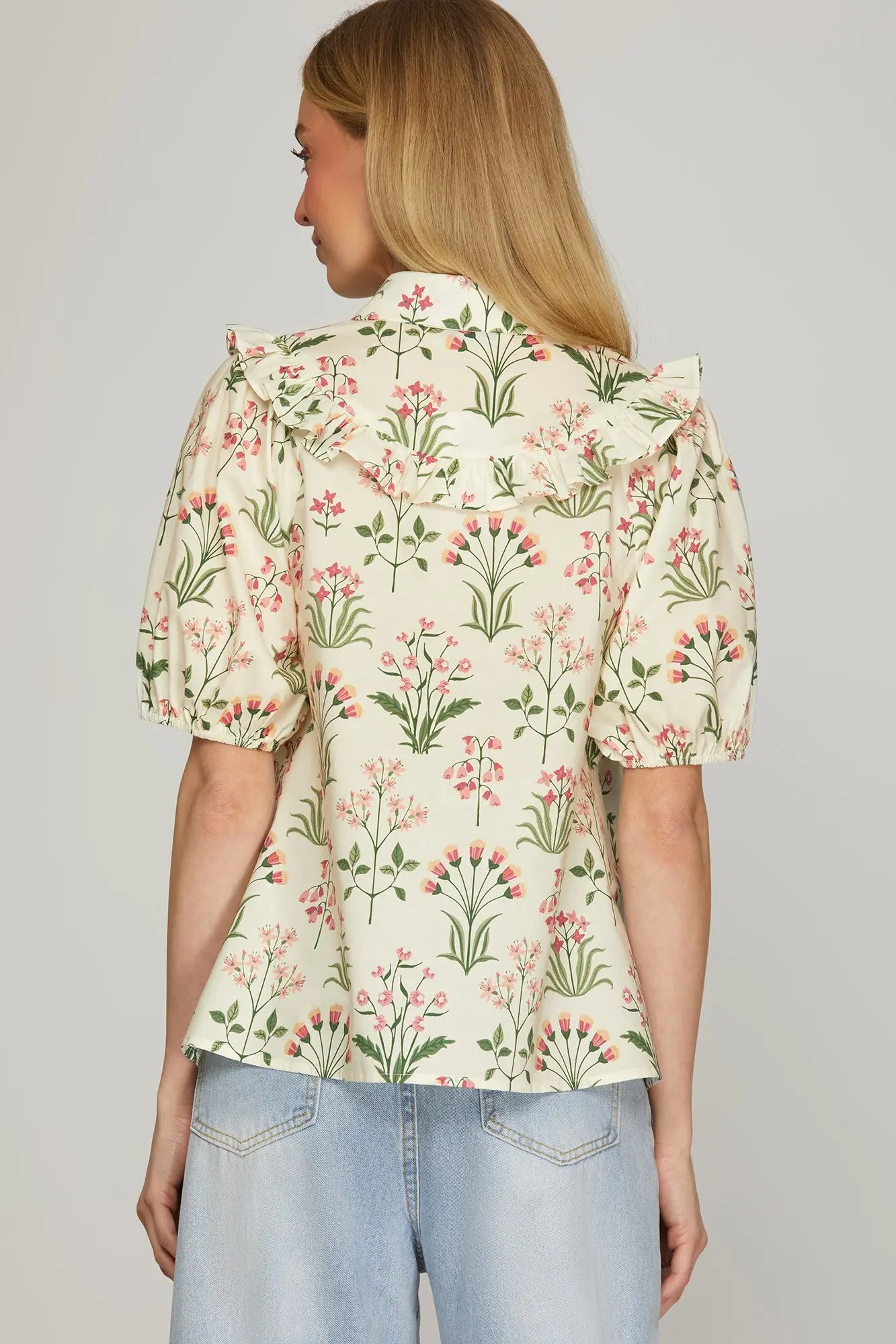 Short Sleeve Woven Floral Button Down Top with Yoke Ruffle Detail