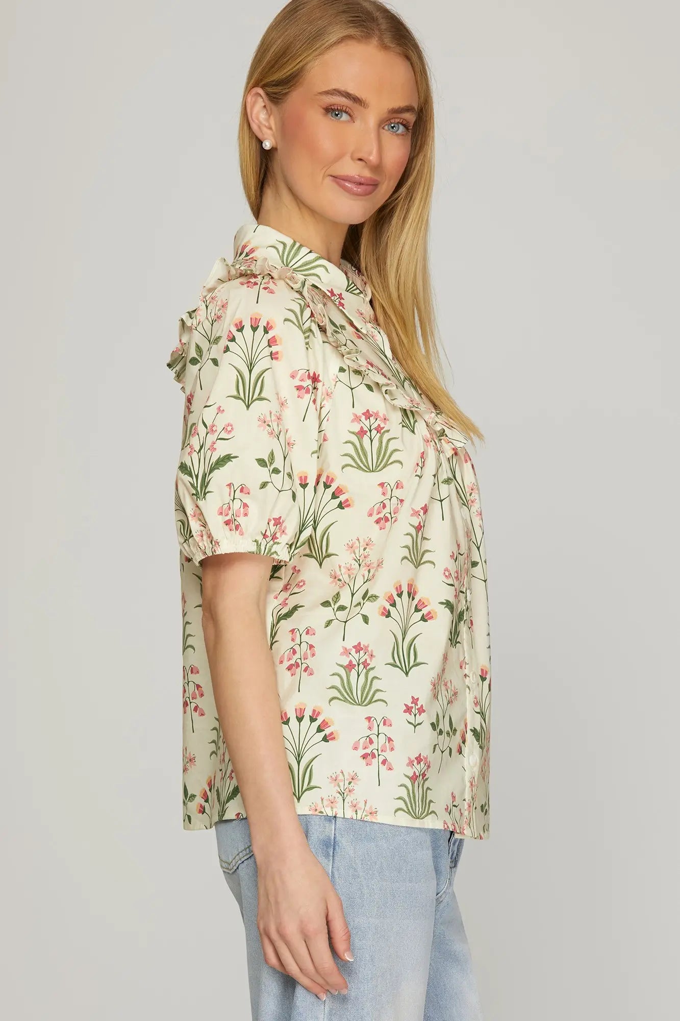 Short Sleeve Woven Floral Button Down Top with Yoke Ruffle Detail