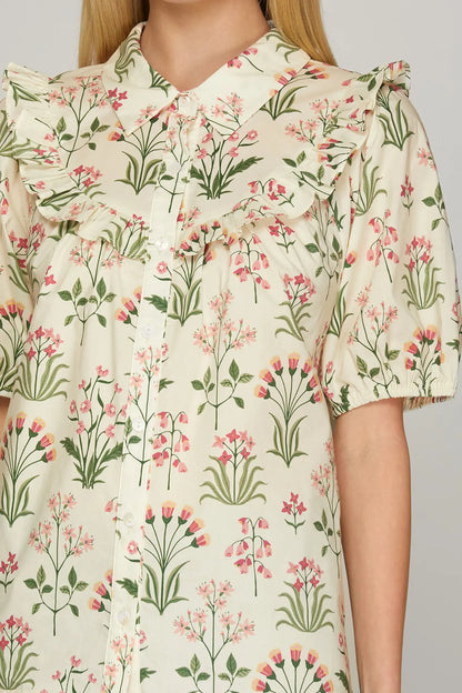 Short Sleeve Woven Floral Button Down Top with Yoke Ruffle Detail