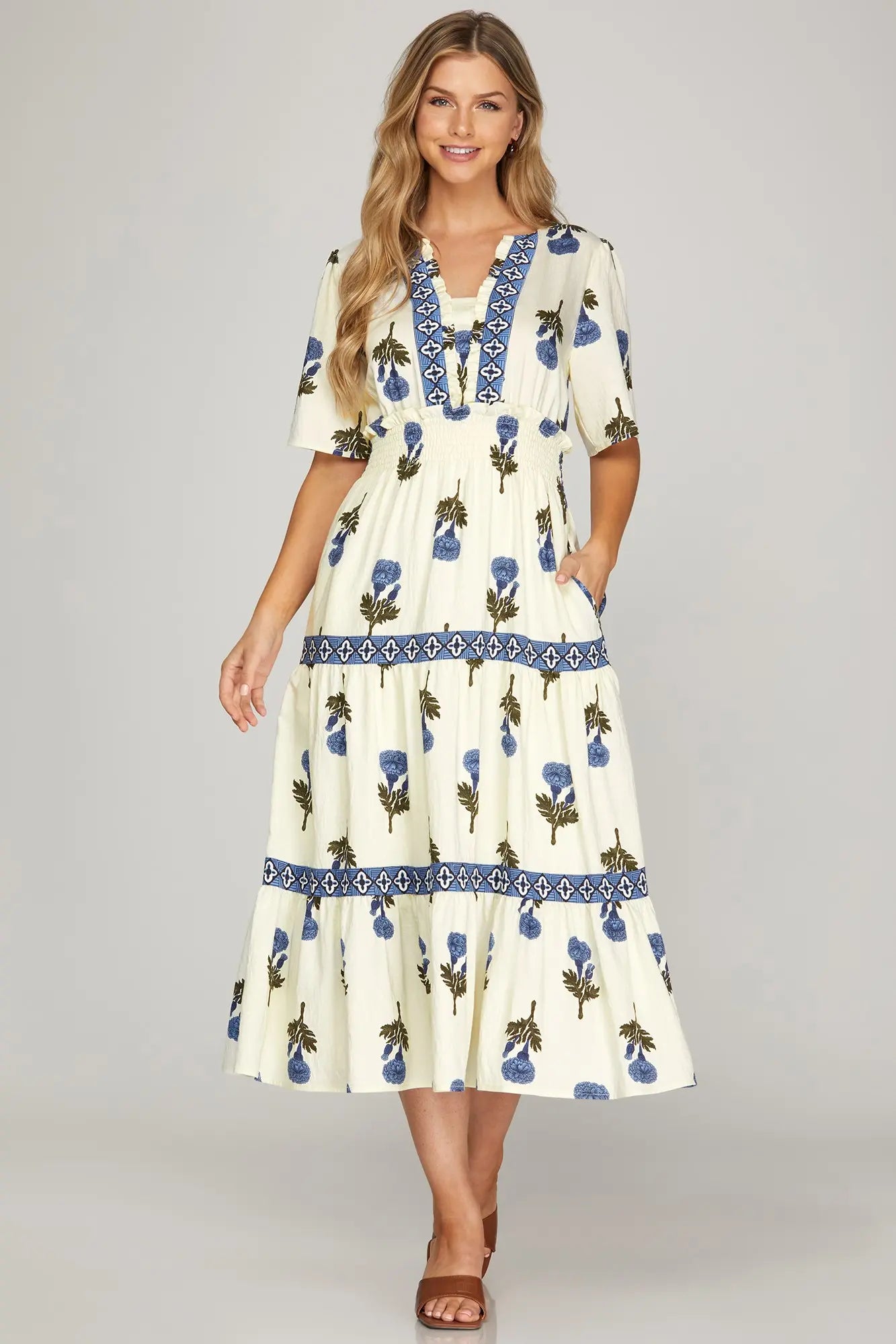 Blue Woven Short Sleeve Tiered Maxi Dress