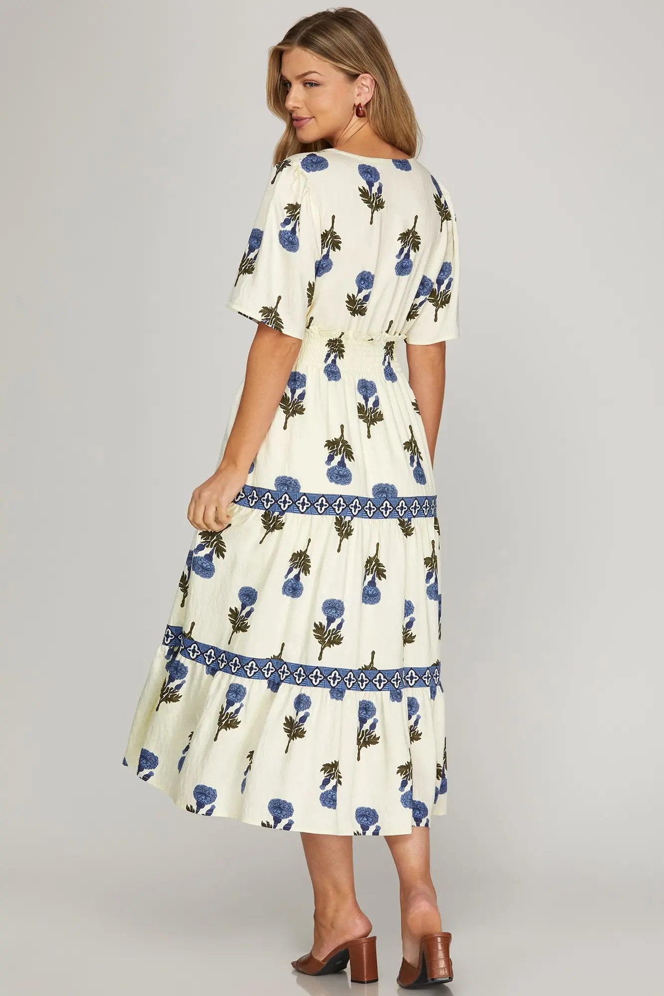 Blue Woven Short Sleeve Tiered Maxi Dress