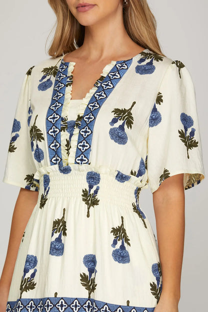 Blue Woven Short Sleeve Tiered Maxi Dress