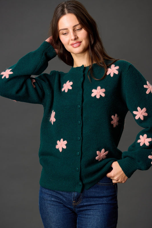 Forest Green Button Up Cardigan with Flowers