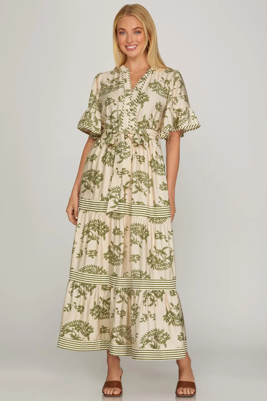 Sage Ruffled Sleeve Woven Dress