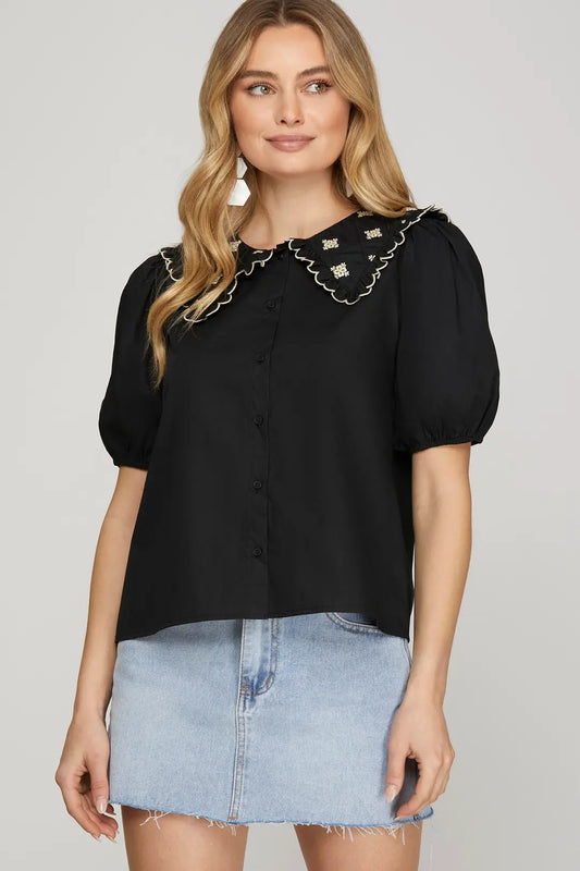 Black Puff Sleeve Peter Pan Collar Blouse