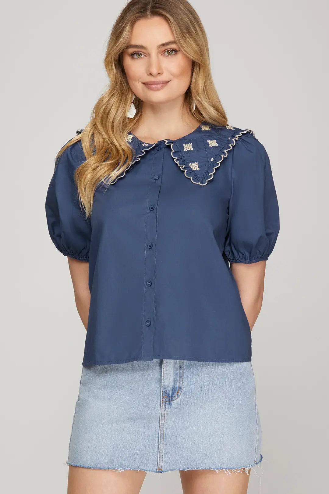 Navy Blue Puff Sleeve Peter Pan Color Blouse