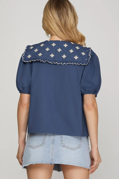 Navy Blue Puff Sleeve Peter Pan Color Blouse