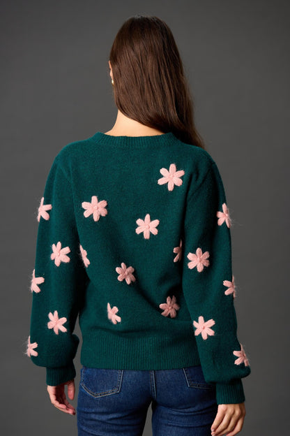 Forest Green Button Up Cardigan with Flowers