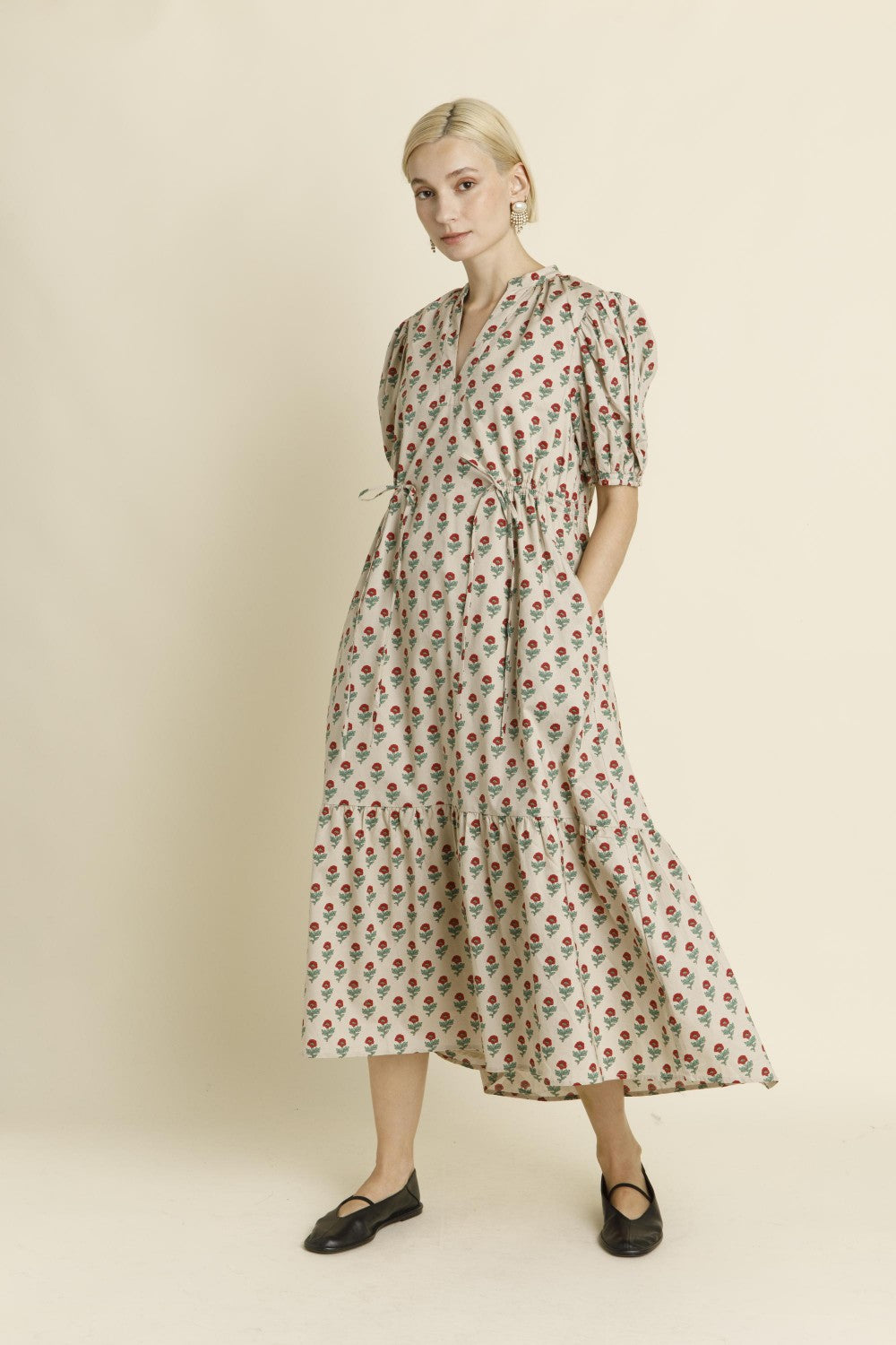 Eggshell Floral Dress with tie waist