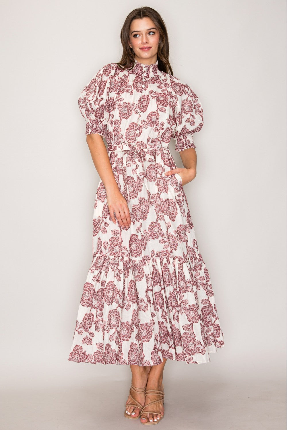 Puff Sleeve Wine Rhinestone Button Dress