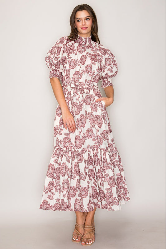 Puff Sleeve Wine Rhinestone Button Dress