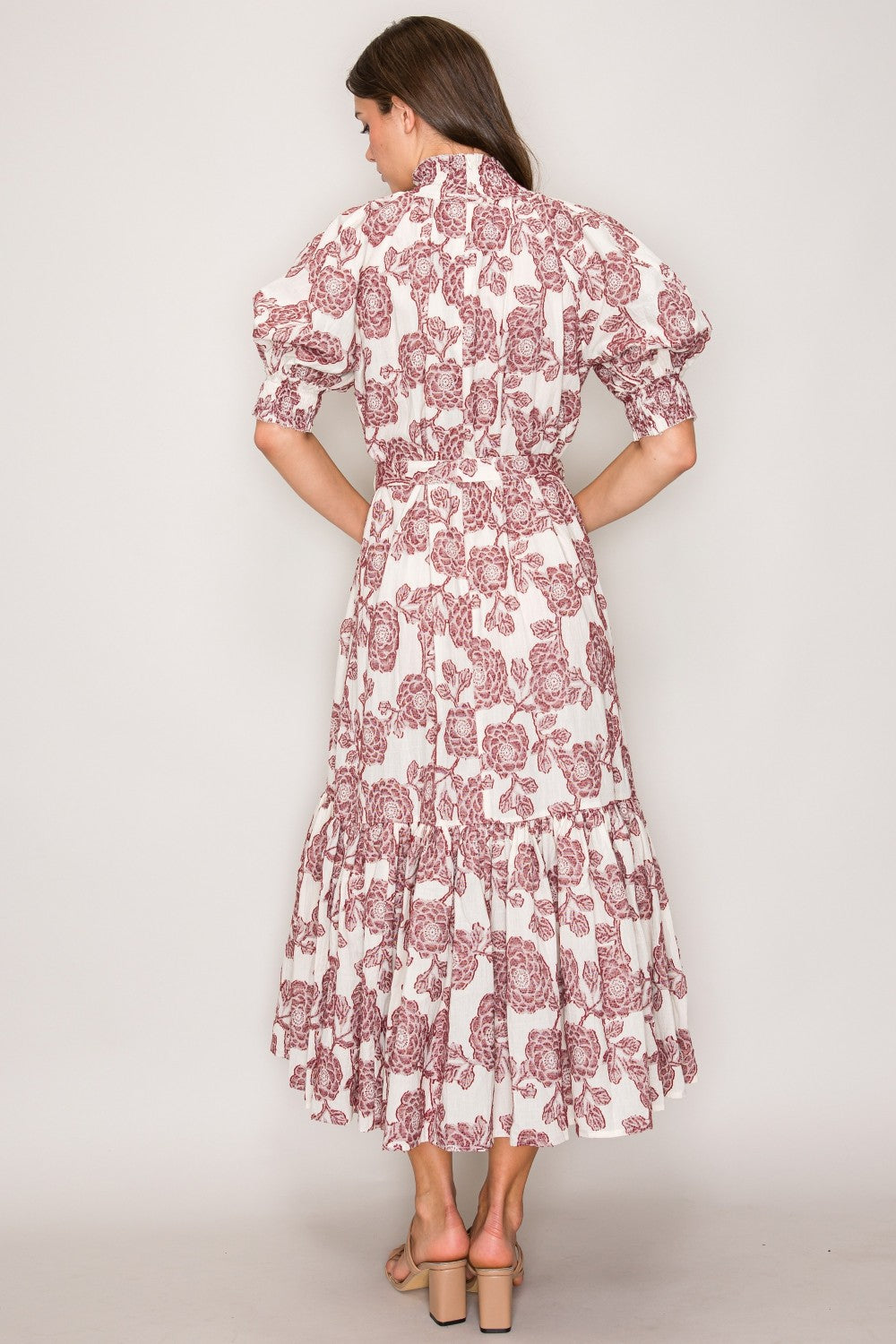 Puff Sleeve Wine Rhinestone Button Dress