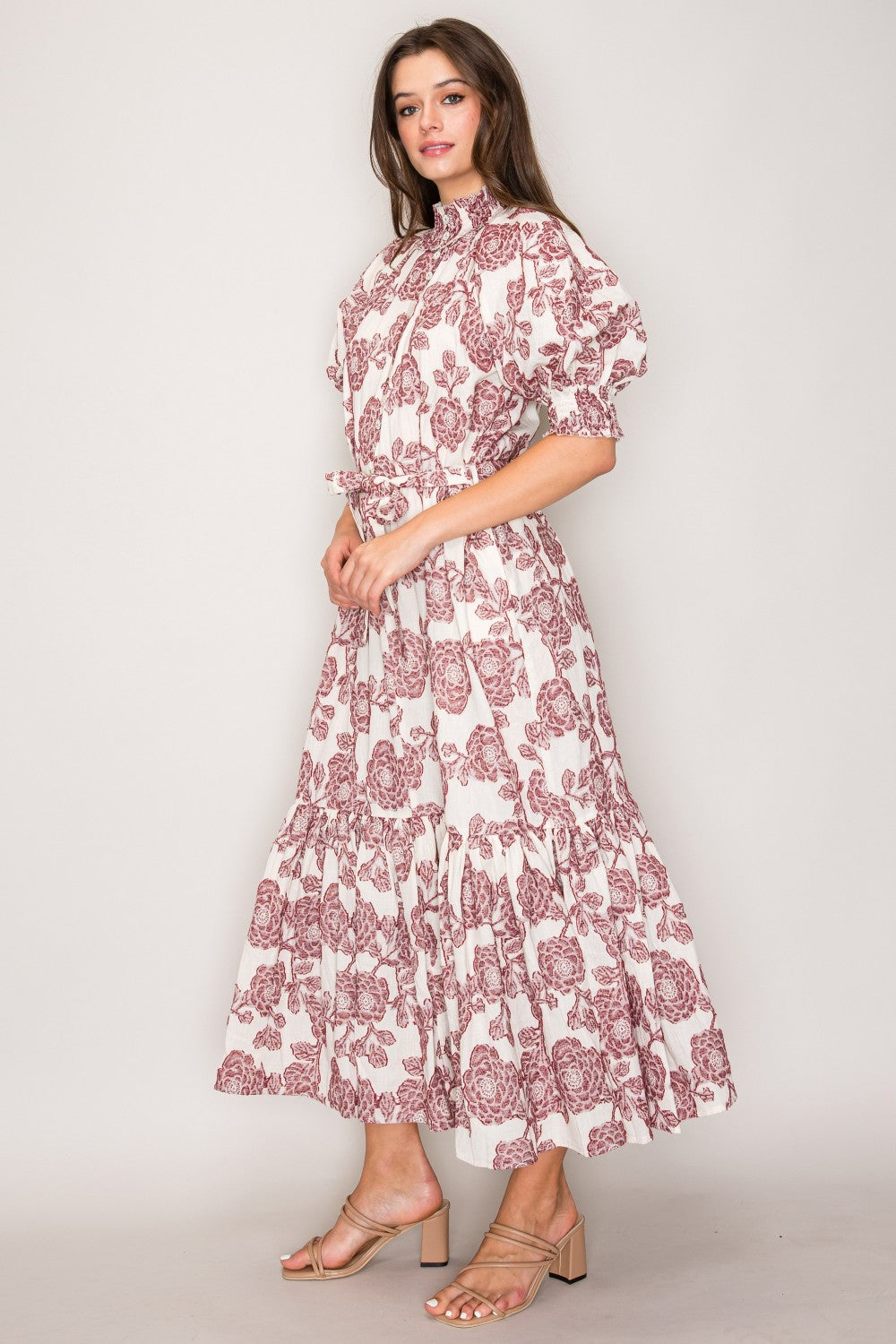 Puff Sleeve Wine Rhinestone Button Dress