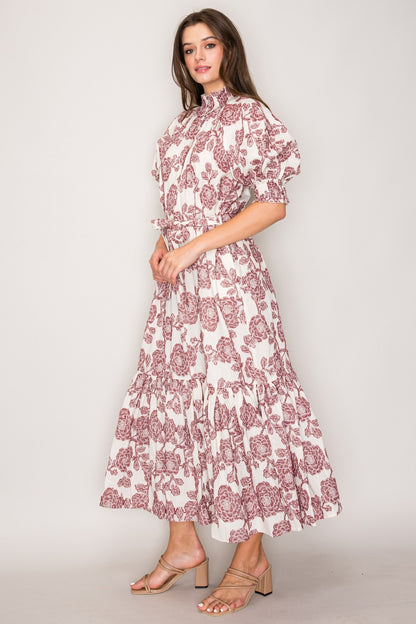 Puff Sleeve Wine Rhinestone Button Dress