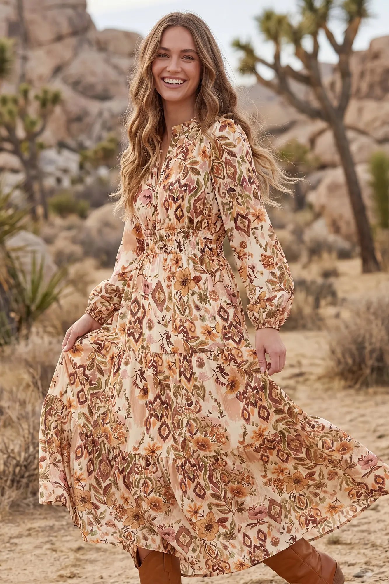 Long Sleeve Woven Print Tiered Maxi Dress with Full Lining and Pockets