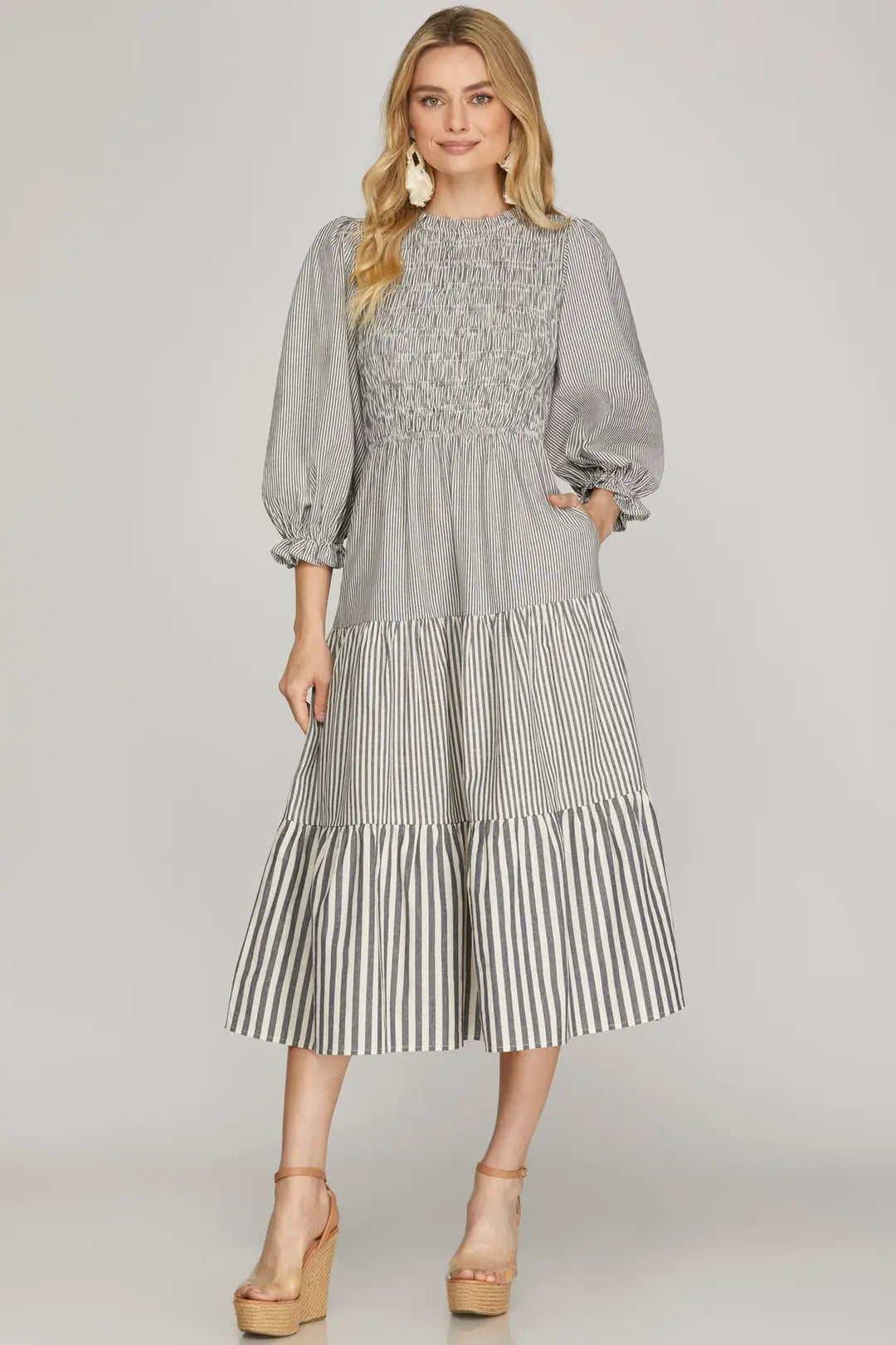 3/4 Sleeve Smocked Top Tiered Dress