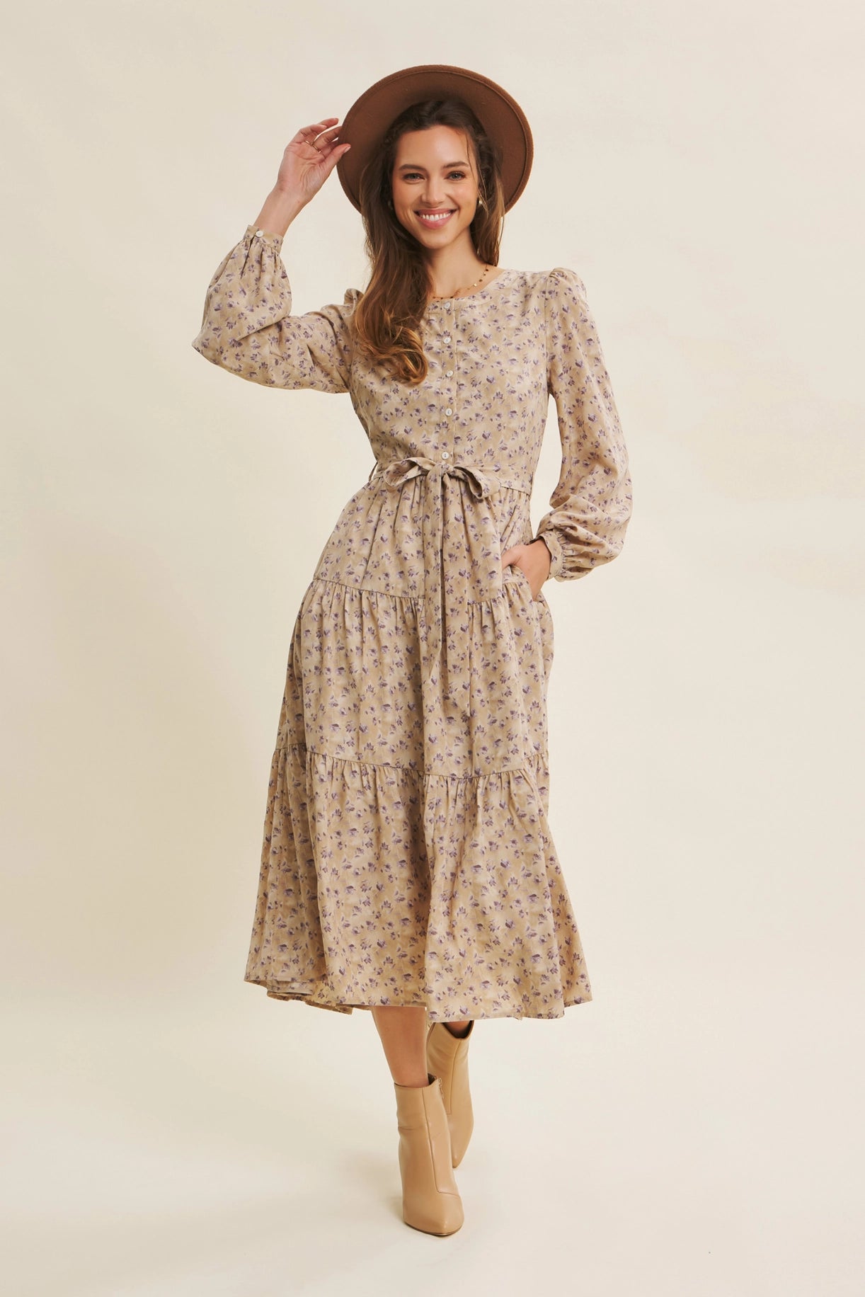 Floral Midi Dress with Waist Belt