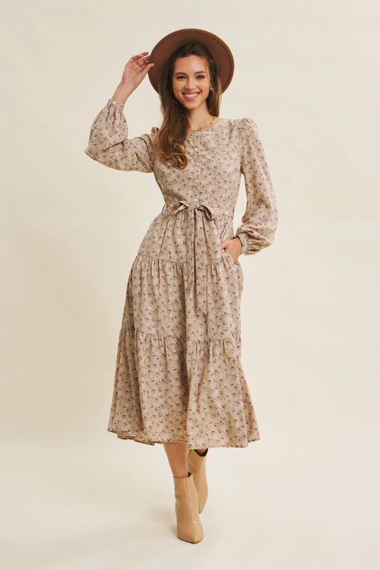 Floral Midi Dress with Waist Belt