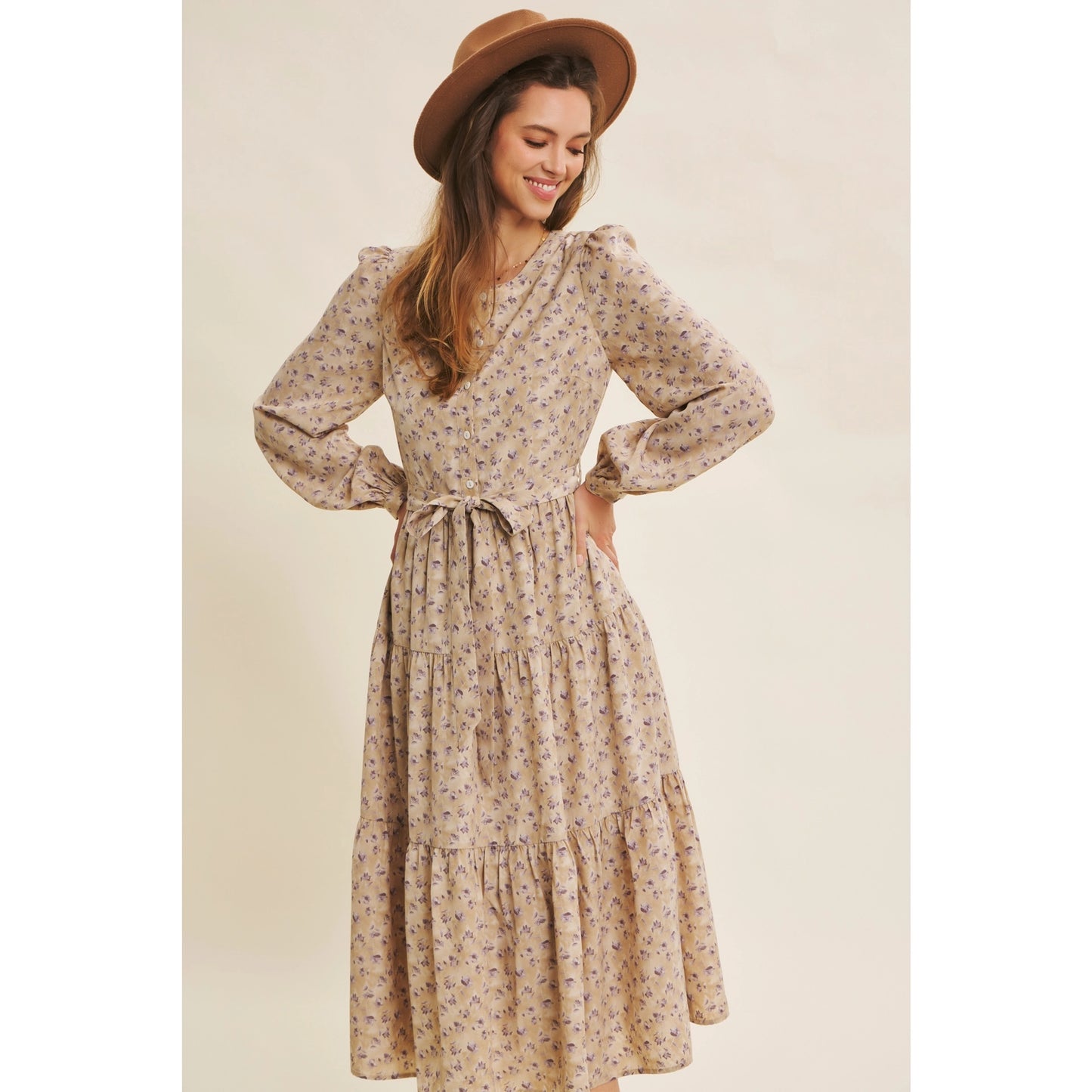 Floral Midi Dress with Waist Belt