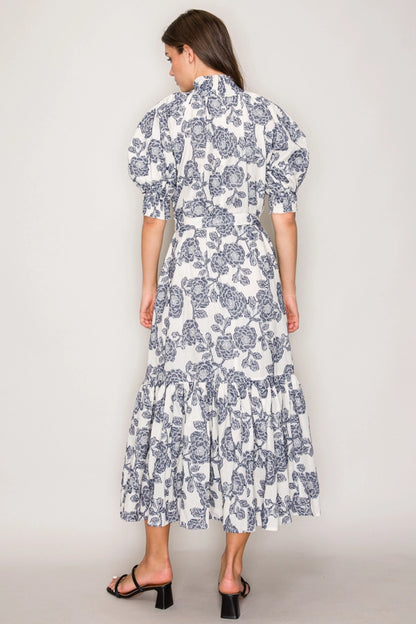 Puff Sleeve Blue/Ivory Rhinestone Button Dress