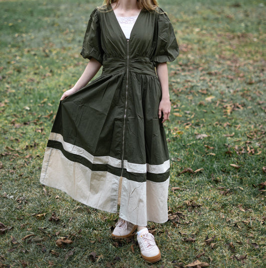 Bubble Sleeve Front Zip Block Dress