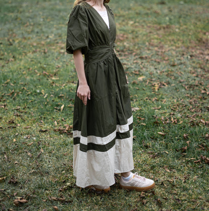 Bubble Sleeve Front Zip Block Dress