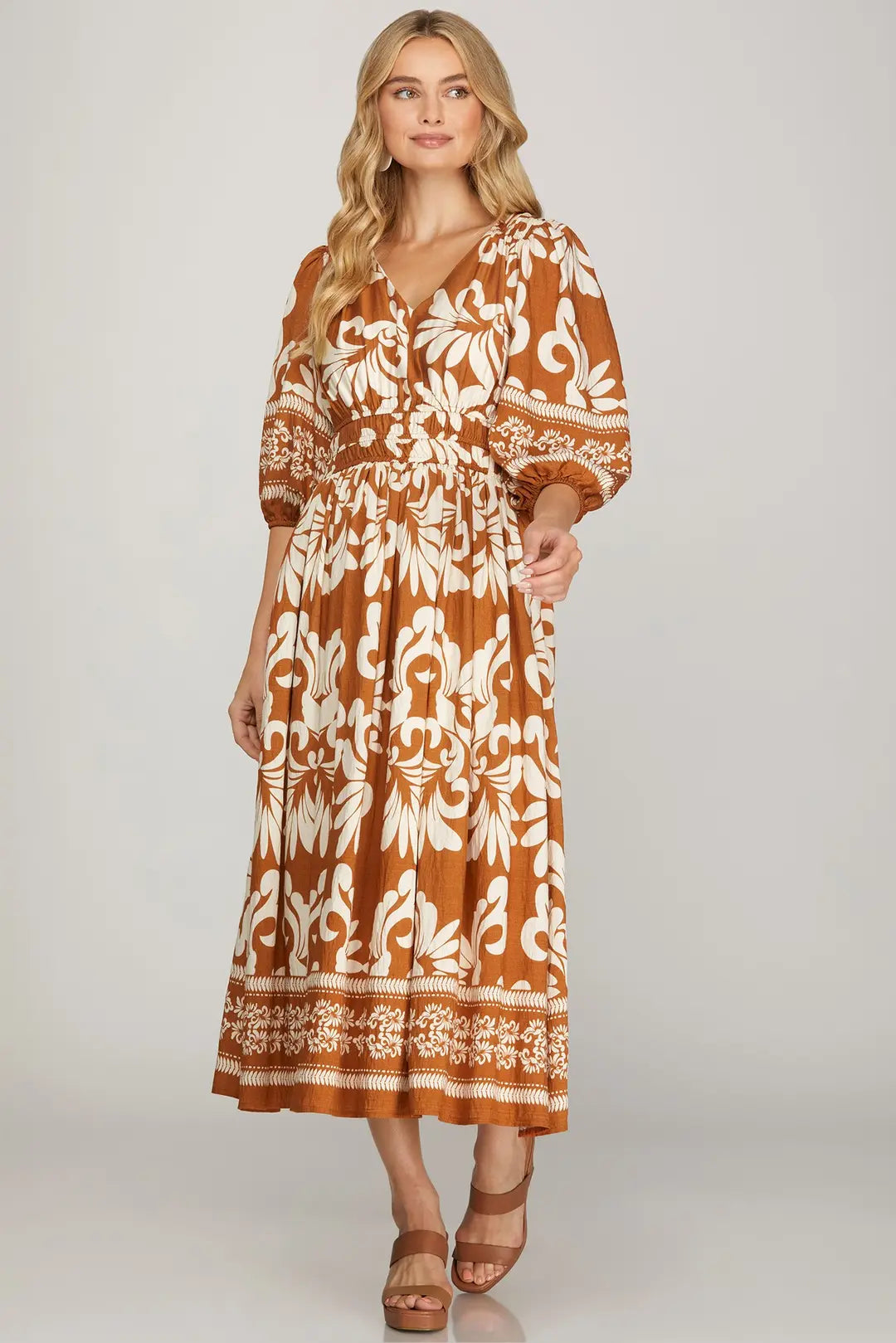 Woven Caramel Printed Midi Dress With Pockets