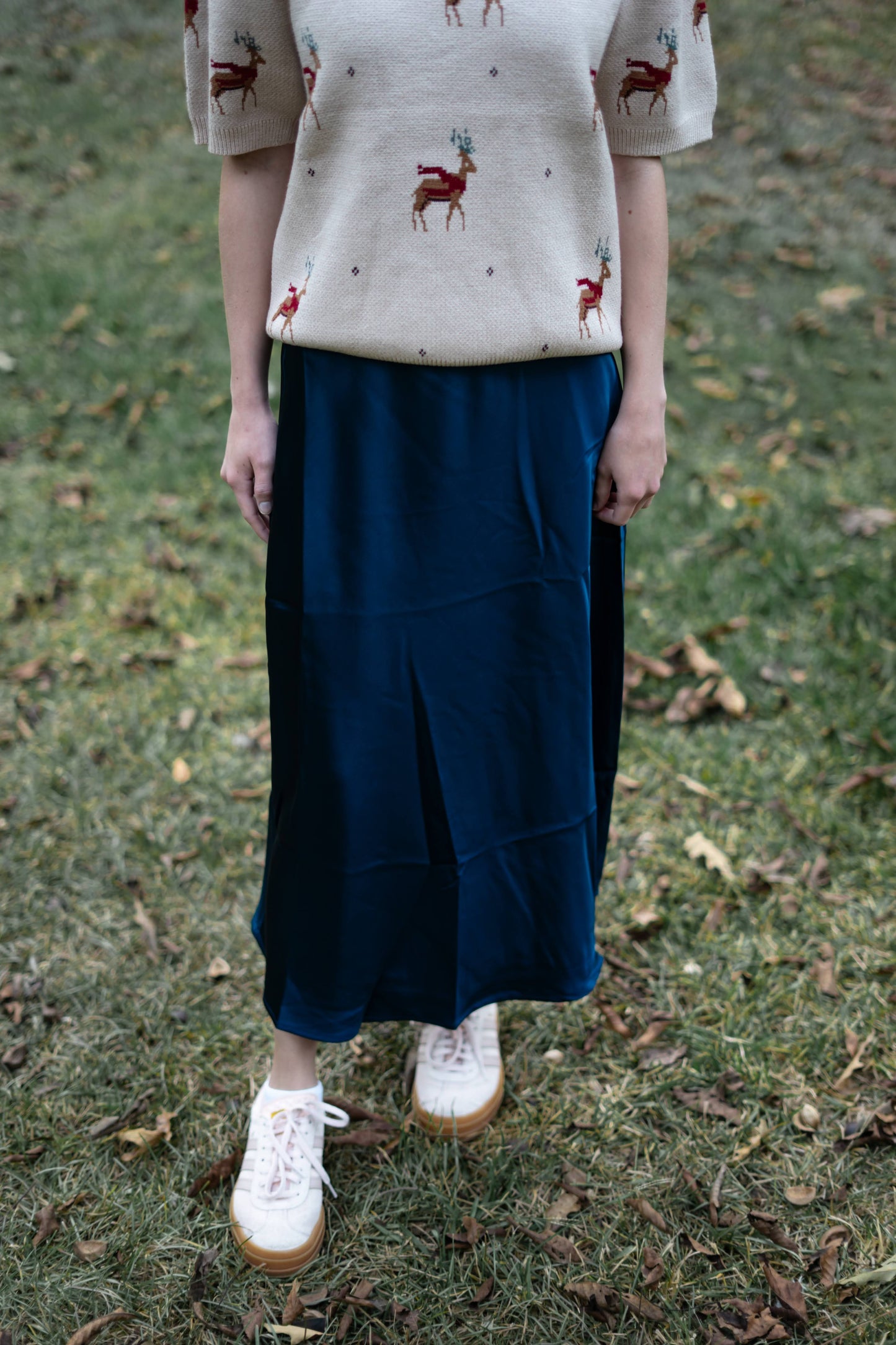 Navy Satin Midi Skirt