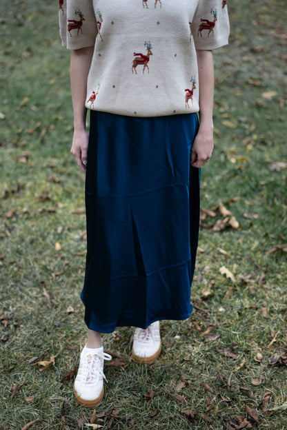 Navy Satin Midi Skirt