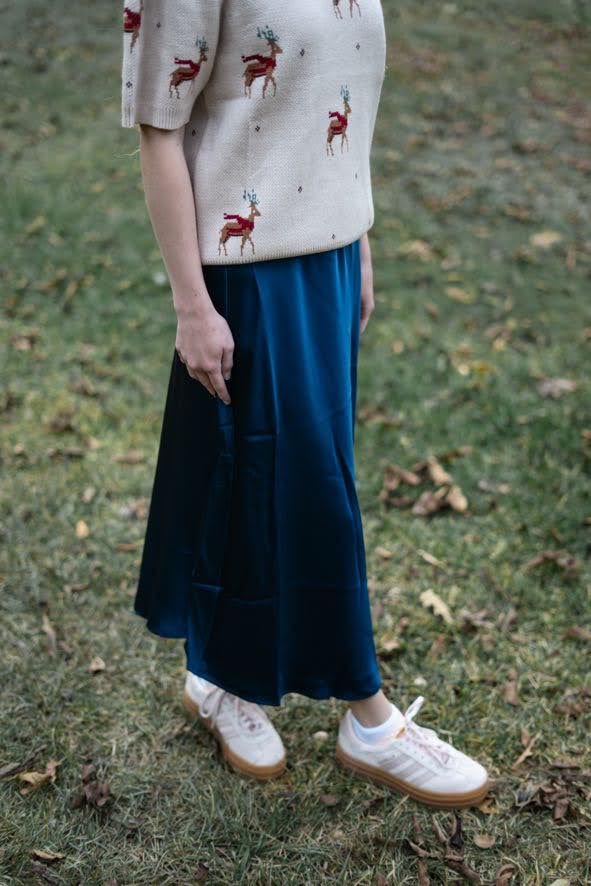 Navy Satin Midi Skirt