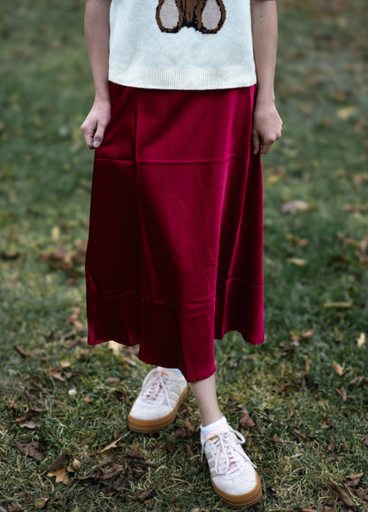Red Midi Satin Skirt