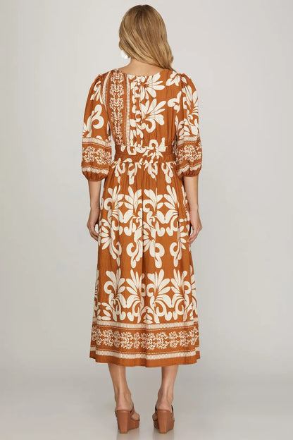 Woven Caramel Printed Midi Dress With Pockets
